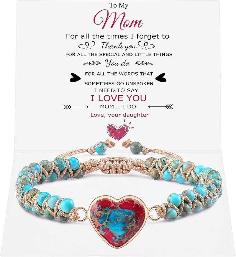 BABORI Jasper Heart Bracelet Adjustable Imperial Stone Beaded Braided Handmade Bracelet for Women Birthday Anniversary Mothers Day Christmas Graduation Jewelry Gifts for Her Mother Daughter - Image 1